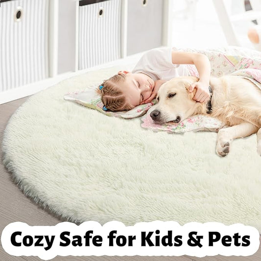 Amdrebio Ivory White Round Circle Rug 6Ft for Kids Bedroom Aesthetic, Big Washable Fluffy Fuzzy Area Rugs for Living Room, Circular Plush Soft Shaggy Cream Carpet for Baby Nursery Teen Girls Boys