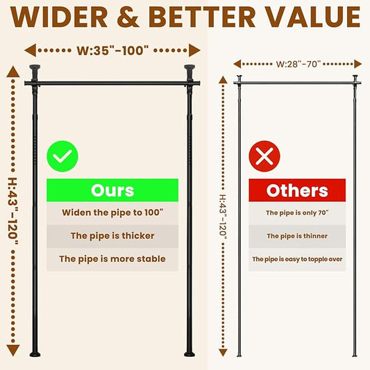 Room Divider Tension Rod No Drill, Adjustable 35-100" W x 43-120" H Freestanding Pole for Privacy,Room Divider Curtains,Black