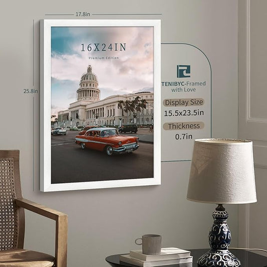 16x24 Poster Frame 3 Pack - White, Textured Solid Wood Picture Frame, Wall Gallery Photo Frame