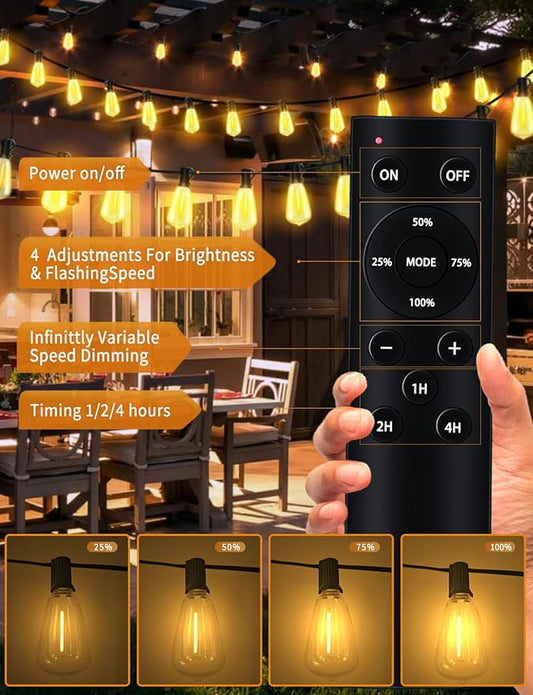 100FT Outdoor String Lights with Remote Patio Lights for Outside 52 Shatterproof Waterproof ST38 Edison Bulbs, Dimmable String Lights for Backyard Porch Bistro Party Decor, Warm White 2200k