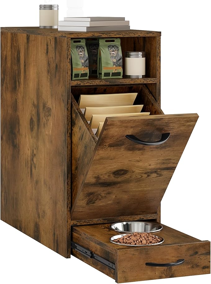 YITAHOME Dog Feeding Station with Storage, Dog Food Cabinet with 2 Feeder Bowls, Pull Out Elevated Dog Bowl, Brown