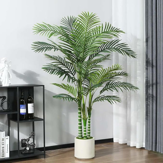 5FT Faux Golden Cane Palm Tree with White Planter and Fake Moss, Fake Tropical Plant for Home Decor Office Porch