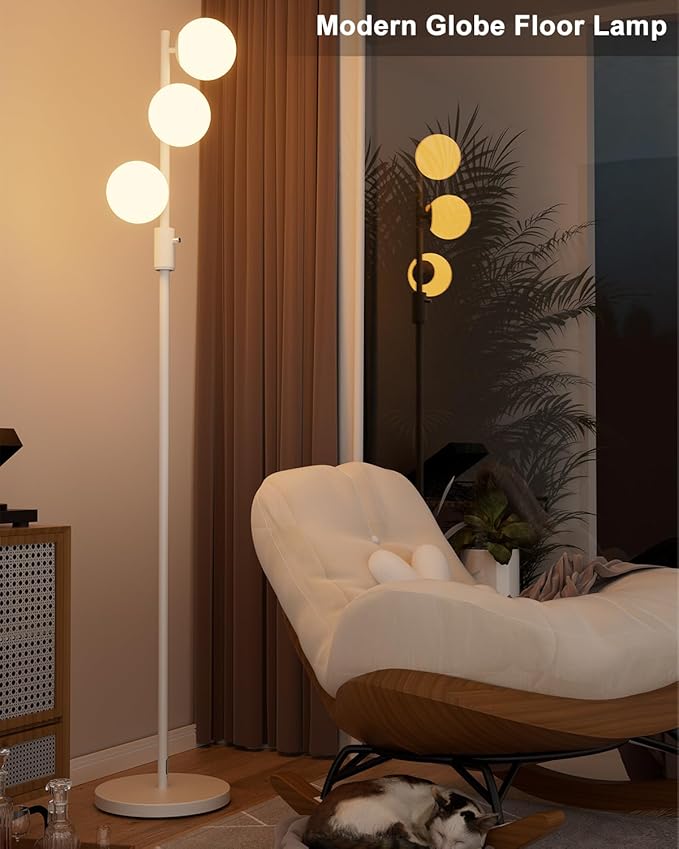 White Globe Floor Lamp Dimmable 64IN Tall Standing Lamps with Soft Warm White Eye Care 3000K G9 Bulbs, Mid Century Modern Floor Lamp for Living Room Bedroom