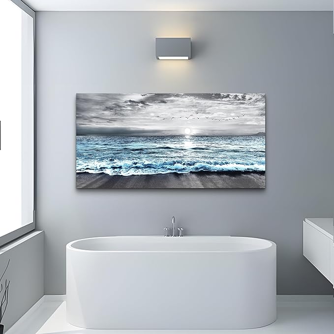 Lapremoly Black And White Beach Wall Painting - Canvas Wall Art For Living Room & Bedroom - Large Decor - Blue Ocean Sea Wave Landscape Pictures Artwork Posters Home Decor
