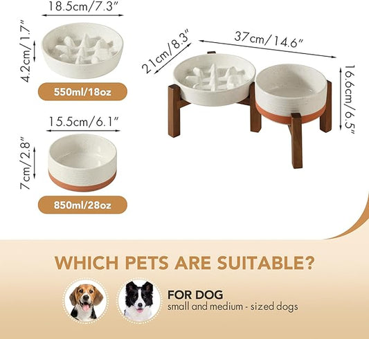 Ceramic Raised Slow Feeder Dog Food and Water Bowl Set for Fast Eaters, Elevated 6.1inch Bowl and 7.3inch Dish with Acacia Wood Stand for Small and Medium Dogs (2 x Vanilla White+ Stand)