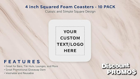 10 Squared Foam Coasters Pack, 4 inch - Customizable Text, Logo - PU Foam, Foldable - White