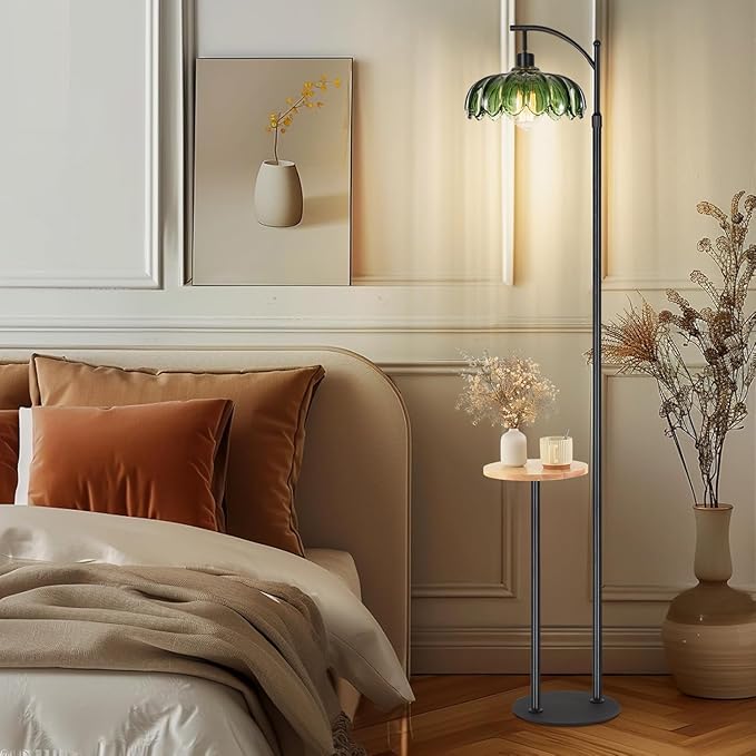Arc Floor Lamp with Table and Shelves,Black Floor Lamp for Bedroom Glass Floor Lamps with Remote Control & 3 Color Temperature,Modern Standing Lamp Tall Flower Floor Lamps for Living Room Corner