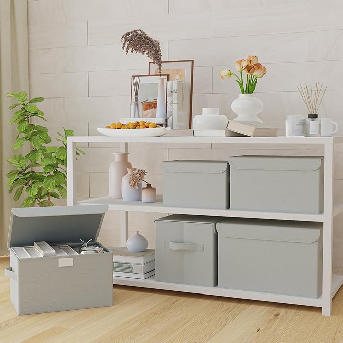 Fabric Storage Bin with Lid, Closet Boxes with Cover, Collapsible Stackable Organizer Basket with 2 Handles, for Home and Bedroom, 2 Pack, Grey, 10.2 x 7.9 x 6.7 In, XSNY12GS-2