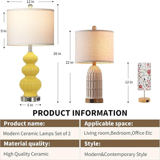 26" Set of 2 Yellow Ceramic Table Lamps with USB A+C Ports & AC Outlet, 3-Way Dimmable Gourd Bedside Nightstand Lamps with White Shade for Bedroom, Living Room, Office
