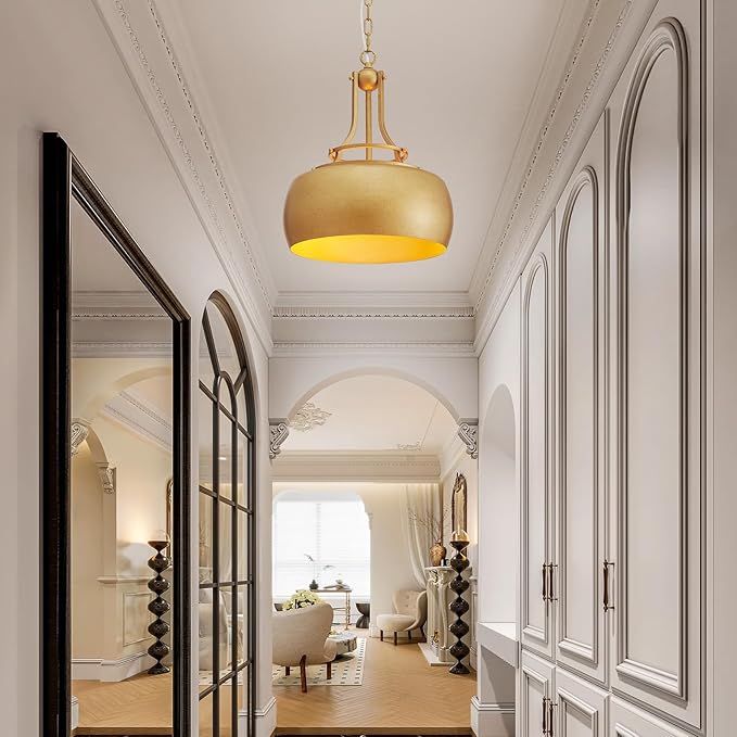 WUZUPS Chandelier Rustic Farmhouse Industrial Round Ceiling Pendant LED Light Fixture with Open Bottom Drum Shade, H 15.7" x W 13.4", Antique Gold