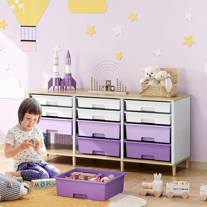 12-Drawer Storage Cabinet with Wooden Tabletop, Versatile Cube Storage Organizer Bin Storage for Home, Office, Playroom, Classroom & Craft Room Storage (Gradient Purple)