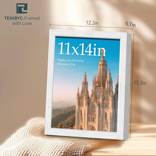 11x14 Picture Frame 4 Pack - White Solid Wood Poster Photo Frame - Tempered Glass - Woodgrain Series - Room, Office, Gallery, Studio Display - Wall Hanging