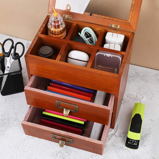 Wooden Storage Box Desk Organizer with 2 Drawers and 6 Grids Apothecary Drawers Small Craft Storage Containers Jewelry Holder for Women (Glass Brown02)