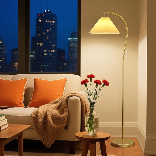 Unique Arc Floor Lamp, Bright 12W Three-Color Dimming, 14-inch Pleated Lampshade, Brass Gold Light Pole, Living Room Corner Bedroom Bedside Office Standing Reading Lamp, Modern Home Decor Tall Light