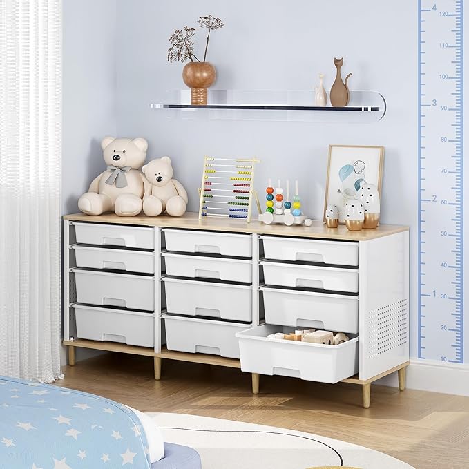 12-Drawer Storage Cabinet with Wooden Tabletop, Versatile Cube Storage Organizer Bin Storage for Home, Office, Playroom, Classroom & Craft Room Storage (White)