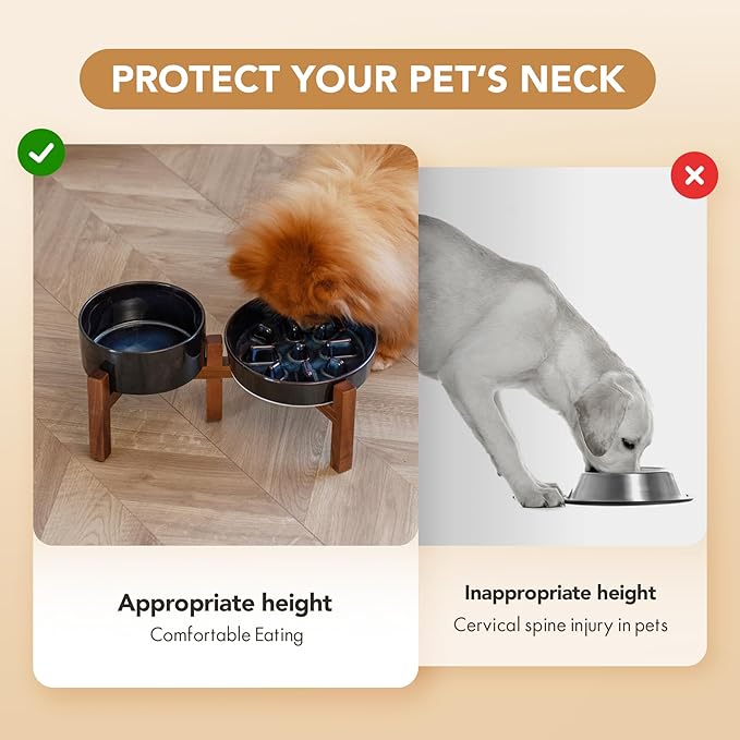 Ceramic Raised Slow Feeder Dog Bowl Set, Elevated 6.1inch Bowl and 7.3inch Slow Feeder Dish with Acacia Wood Stand for Small and Medium Dog, Stop Bloat(2X Starry Sky+ Stand)