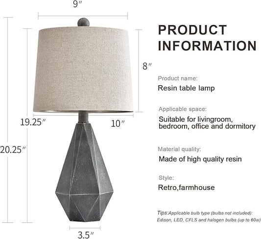 PoKat 20.25" Rustic Farmhouse Table Lamp Sets of 2 for Living Room Bedroom Deep Grey Contemporary Classic Bedside Nightstand Lamp with White Fabric Shade, Suitable for Small Place