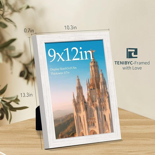 9x12 Picture Frame 4 Pack - White Solid Wood Poster Photo Frame - Tempered Glass - Woodgrain Series - Room, Office, Gallery, Studio Display - Tabletop & Wall Hanging