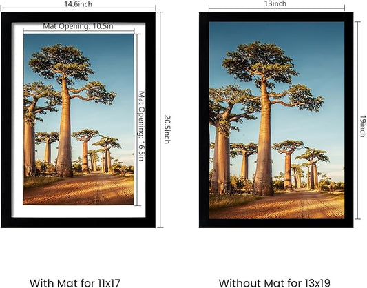 13x19 Picture Frame Set of 5, Black Poster Frame, Display Pictures 11 x 17 with Mat or 13 x 19 Without Mat for Horizontal or Vertical Wall Mounting, Wall Gallery Frame