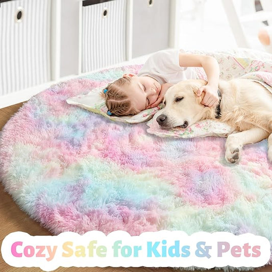 Amdrebio Rainbow Fluffy Round Rug 7Ft Kids Rugs for Girls Bedroom, Unicorn Room Decor, Colorful Pastel Big Large Carpet for Baby Nursery Playroom, Cute Shaggy Kawaii Circle Area Rug for Teen Princess