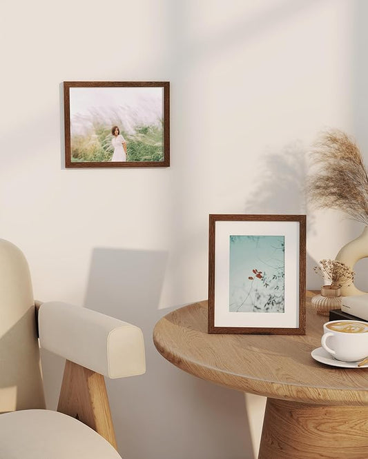 Marsmiles 8x10 Wooden Picture Frame, USA-Sourced Natural Oak Solid Wood Photo Frame with Plexiglass for Display Pictures 5x7 with Mat or 8x10 without Mat, Walnut, 1 Pack