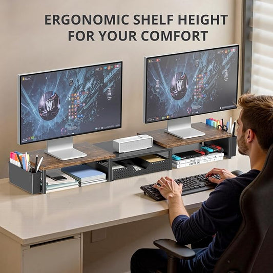 Desk Dual Monitor Stand Riser - Desk Organizer with Drawer and Pen Holders, Office Desk Accessories & Workspace Organization, Computer Monitor Stand for Laptop, Printer, TV, Office Decor, Wood