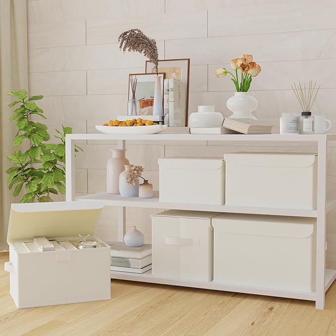 Foldable Storage Bin, Cube Organizer Basket with Flip-Top Lid and 2 Handles, Decorative Boxes for Shelves with Cover for Clothes, Towels, Blanket, 4 Pack, Beige, 13 x 9 x 7.9 In, XSNY12BEM-4