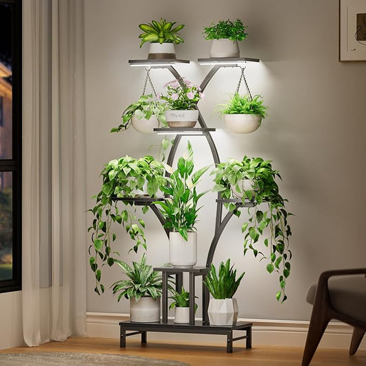 Plant Stand Indoor with Grow Lights - 7 Tiered Metal Corner Shelf for Multiple Plants, 64" Corner Plant Stand for Indoor Plants, X-Shaped Plant Rack for Home, Living Room, Office & Patio Decor