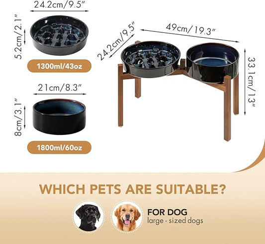 Ceramic Raised Slow Feeder Dog Bowl Set, Elevated 8.2inch Bowl and 9.5inch Slow Feeder Dish with Acacia Wood Stand for Large Dog, Preventing Choking(2X Starry Sky+ Stand)
