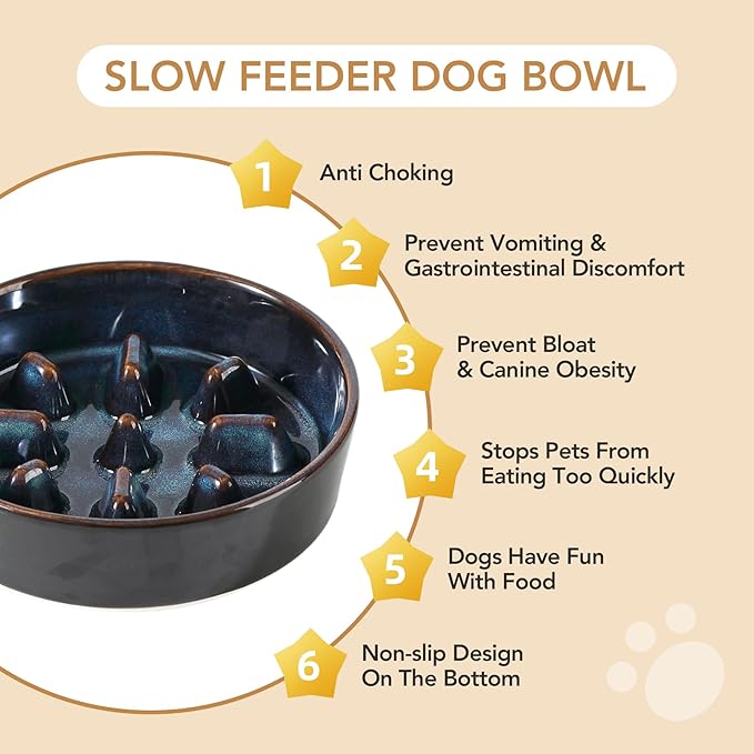 Ceramic 6.1inch Dog Bowl Slow Feeder, Slow Pet Food Dish for Small Dog and Cat, Stop Bloat, Preventing Choking(Single Bowl, Starry Sky)