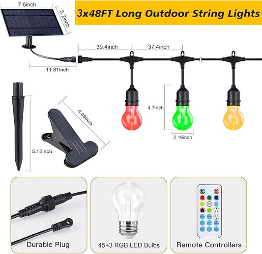 RGB Solar String Lights 144FT, IP65 Waterproof Dimmable Outdoor String Lights - Shatterproof Bulbs, 8 Modes Patio Lights for Garden, Cafe