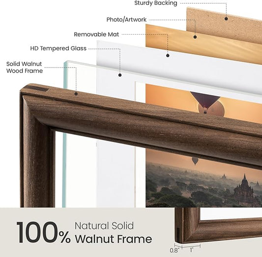 11x17 Picture Frame, USA-Sourced Walnut Wood with Tempered Glass, Display 8x12 with Mat or 11x17 Without Mat, 11 by 17 Photo Frame for Vertical & Horizontal Display, Handcrafted Wood Frame, 3 Pack