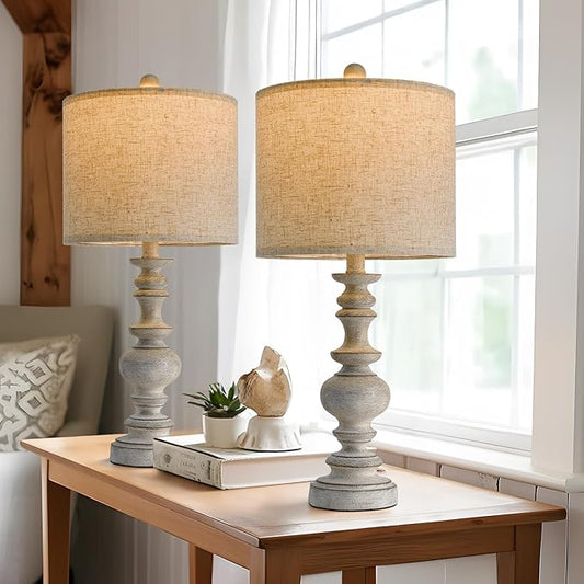 BOBOMOMO 24" Farmhouse Retro Table Lamp Set of 2, Traditional Resin Lamps for Living Room Bedroom, Vintage Bedroom Lamps with Linen Shades, Rustic Table Lamps for Living Room, Nursery, Office