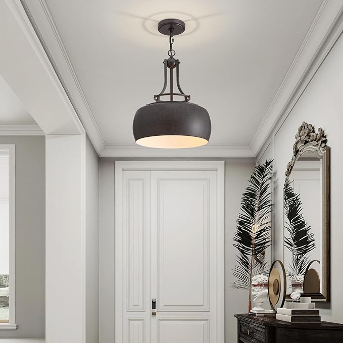 WUZUPS Chandelier Rustic Farmhouse Industrial Round Ceiling Pendant LED Light Fixture with Open Bottom Drum Shade, H 15.7" x W 13.4", Distressed Rust