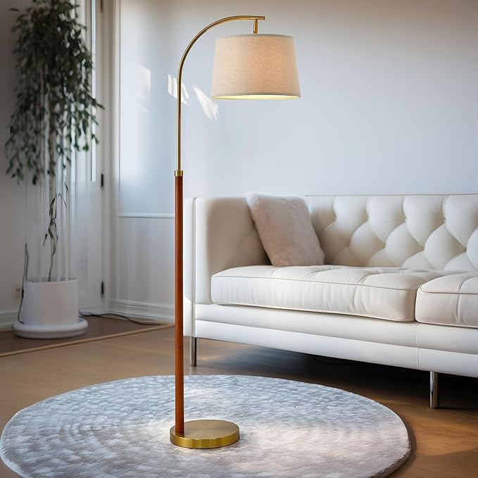 62.5" Wood Floor Lamp for Living Room Gold with Foot Switch Arc Standing Tall Lamps for Bedroom Mid Century Modern Corner Floor Lamps for Office Nursery Industrial Reading Light Room Lamp
