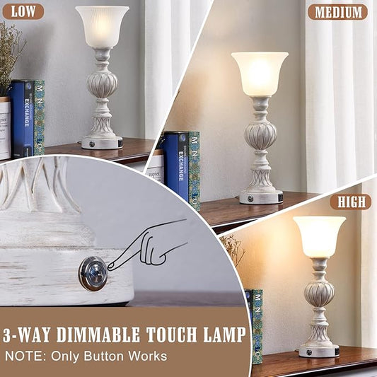 Luvkczc Touch Tall Lamps Set of 2, 18" Tall 3-Way Bedside Lamps with Glass Lampshade for Bedroom Living Room Farmhouse Office, Rustic Resin Table Lamps & Washed White