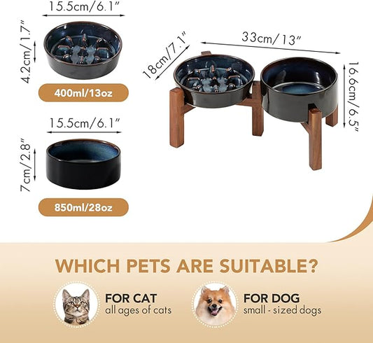 Ceramic Raised Slow Feeder Dog Food and Water Bowl Set for Fast Eaters, Elevated 6.1inch Bowl and 6.1inch Dish with Acacia Wood Stand for Small Dogs (2 x Starry Sky+ Stand)