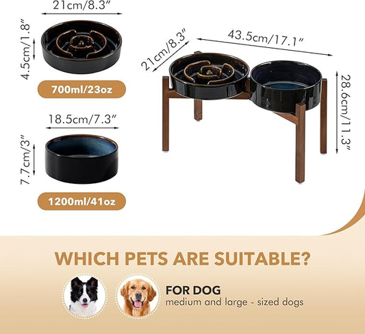 Ceramic Raised Slow Feeder Dog Bowl Set, Elevated 7.3inch Bowl and 8.2inch Dish with Acacia Wood Stand for Medium and Large Dog(2X Starry Sky+ Stand)