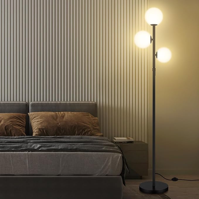 67" Mid Century Floor Lamps for Living Room, 3 Globe Floor Lamp with Frosted Glass Shades, Adjustable Height Standing Lamp with Foot Switch, Tall Lamps for Bedroom Office, G9 Bulbs Included, Black