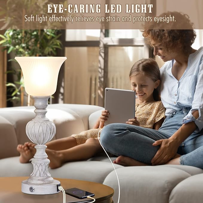 Luvkczc Touch Tall Lamps Set of 2, 18" Tall 3-Way Bedside Lamps with Glass Lampshade for Bedroom Living Room Farmhouse Office, Rustic Resin Table Lamps & Washed White