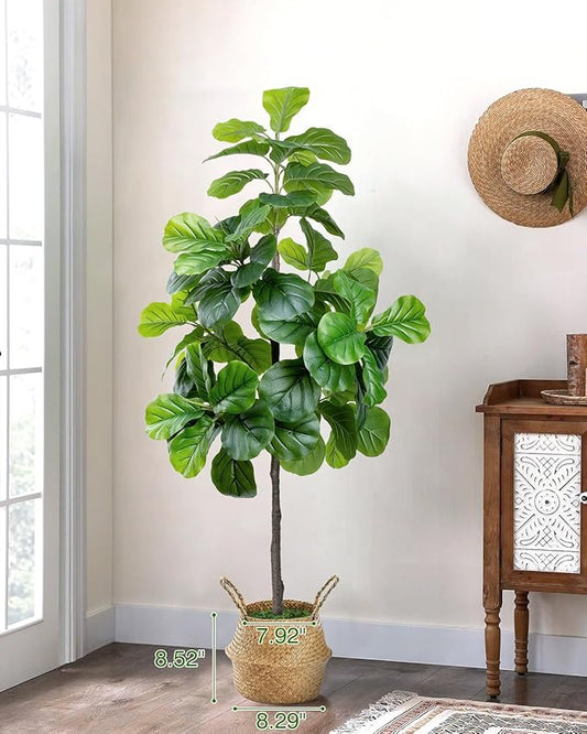 6FT Artificial Fiddle Leaf Fig Tree - Tall Fake Tree with White Planter&Seagrass Basket, Large Faux Ficus Lyrata Tree Floor Plants for Indoor Home Decor Office Living Room Housewarming Gift