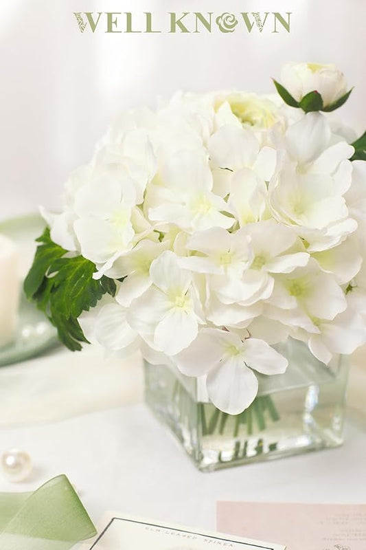 WELL KNOWN Fake Flowers in Vase, Hydrangea Ranunculus Artificial Flowers with Vase, Silk Faux Floral with Faux Water Arrangements Centerpiece for Office Dining Table Home Hotel Wedding Decor (White)