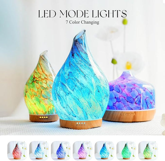 Porseme 280ml Essential Oil Diffuser Glass Color Changing Aroma Air Diffusers Aromatherapy Ultrasonic Cool Mist Humidifier with Remote Control 7 Running Hours Waterless Auto-Off (Light Blue)