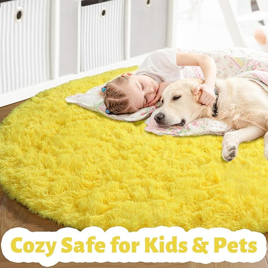 Amdrebio Yellow Round Circle Area Rug 5Ft for Bedroom Living Room, Fluffy Fuzzy Plush Rugs for Kids Room Decor Aesthetic, Cute Furry Shag Kawaii Circular Carpet for Classroom Nursery Teen Girls Boys