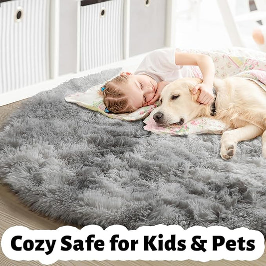 Amdrebio Tie-Dyed Light Grey Round Rugs for Living Room, 8x8 Rug, Extra Large Circle Area Rug for Bedroom, Soft Fluffy Carpet, Modern Floor Circular Rug, Big Shaggy Farmhouse Rug for Apartment