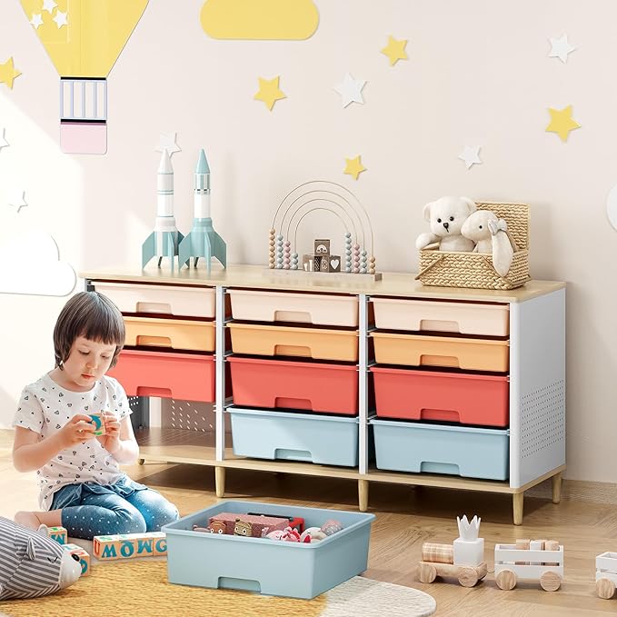 12-Drawer Storage Cabinet with Wooden Tabletop, Versatile Cube Storage Organizer Bin Storage for Home, Office, Playroom, Classroom & Craft Room Storage (Rainbow)