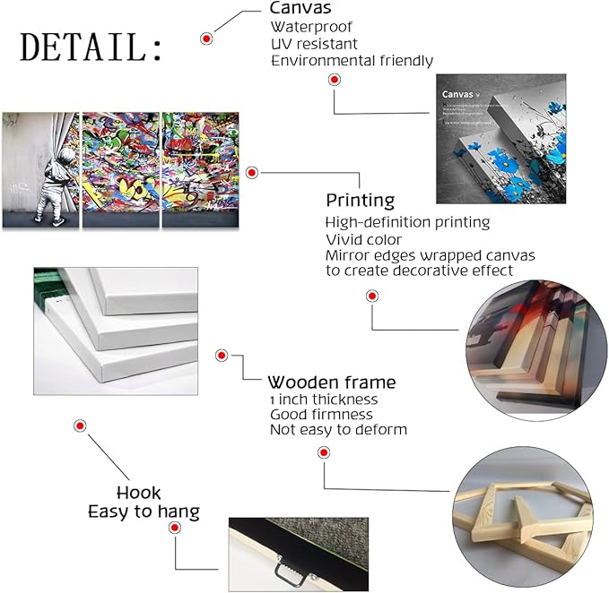 3 Pieces Banksy Wall Art Graffiti Wall Art Behind the Curtain Wall Art Colorful Decor Banksy Canvas Wall Art Pop Art Graffiti Canvas Wall Art Street Art Banksy Canvas for Room Decor (16''Wx24''Hx3PCS)