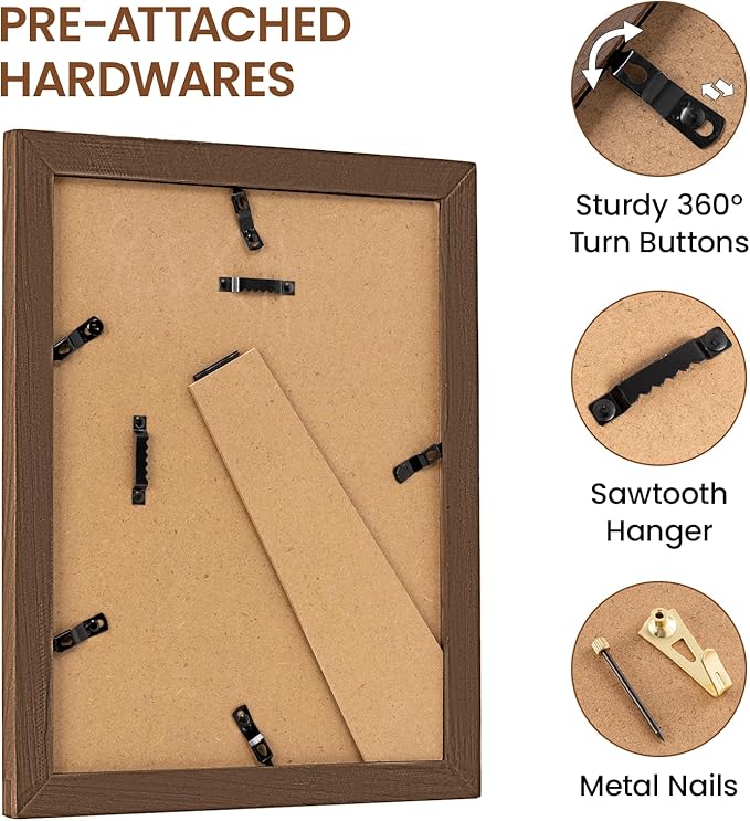 8.5x11 Picture Frame, USA-Sourced Walnut Wood with Tempered Glass, Display 6x8 with Mat or 8.5x11 Without Mat, 8.5 by 11 Photo Frame for Wall & Tabletop Display, Handcrafted Wood Frame, 3 Pack