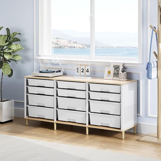 12-Drawer Storage Cabinet with Wooden Tabletop, Versatile Cube Storage Organizer Bin Storage for Home, Office, Playroom, Classroom & Craft Room Storage (White)