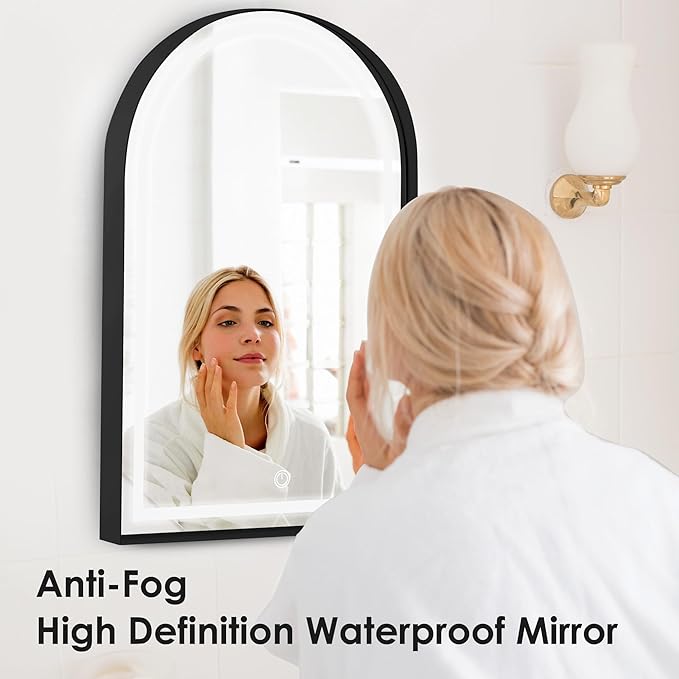 SogesHome Wall Mounted Mirror Medicine Cabinet 36"X24" with LED Light, Arched Vanity Mirror Storage with Shelves, Modern Decro Recessed Mirror Medicine Cabinet for Bathroom, Bedroom, Black